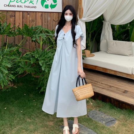 BY17968# 夏季新款法式泡泡袖简约气质V领宽松遮肉显瘦大码连衣裙女 服裝批發女裝批發服飾貨源