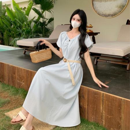 BY17968# 夏季新款法式泡泡袖简约气质V领宽松遮肉显瘦大码连衣裙女 服裝批發女裝批發服飾貨源