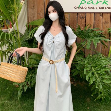 BY17968# 夏季新款法式泡泡袖简约气质V领宽松遮肉显瘦大码连衣裙女 服裝批發女裝批發服飾貨源