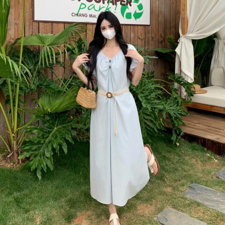 BY17968# 夏季新款法式泡泡袖简约气质V领宽松遮肉显瘦大码连衣裙女 服裝批發女裝批發服飾貨源