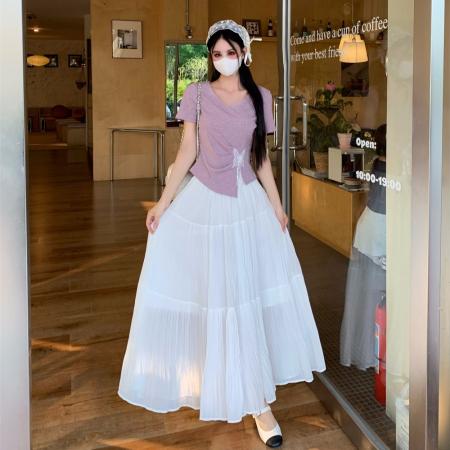 BY17969# 夏季新款法式设计感收腰显瘦蝴蝶短袖上衣T恤大码半身裙套装 服裝批發女裝批發服飾貨源