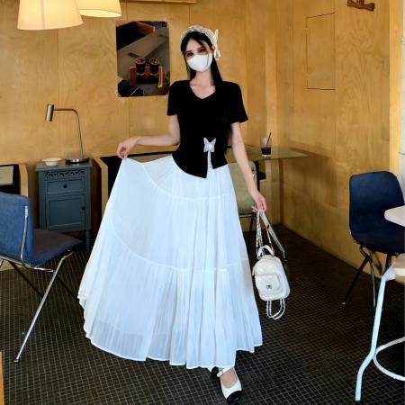 BY17969# 夏季新款法式设计感收腰显瘦蝴蝶短袖上衣T恤大码半身裙套装 服裝批發女裝批發服飾貨源