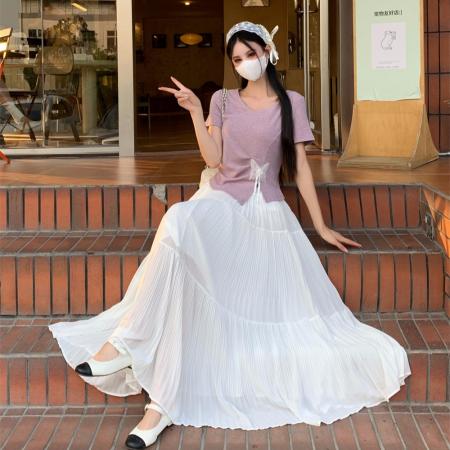 BY17969# 夏季新款法式设计感收腰显瘦蝴蝶短袖上衣T恤大码半身裙套装 服裝批發女裝批發服飾貨源