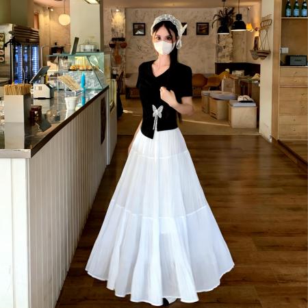 BY17969# 夏季新款法式设计感收腰显瘦蝴蝶短袖上衣T恤大码半身裙套装 服裝批發女裝批發服飾貨源