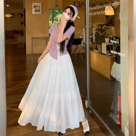 BY17969# 夏季新款法式设计感收腰显瘦蝴蝶短袖上衣T恤大码半身裙套装 服裝批發女裝批發服飾貨源