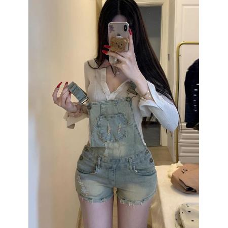 BY17972# 纯欲俏皮破洞牛仔背带短裤紧身女夏季新款收腰修身显瘦热裤 服裝批發女裝批發服飾貨源