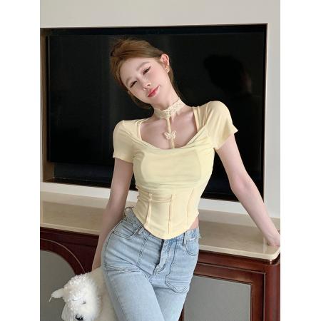 BY17973# 蕾丝挂脖蝴蝶短袖t恤甜辣设计感网纱修身上衣带胸垫 服裝批發女裝批發服飾貨源