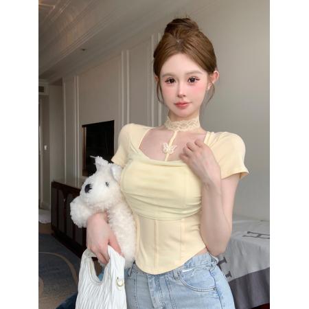 BY17973# 蕾丝挂脖蝴蝶短袖t恤甜辣设计感网纱修身上衣带胸垫 服裝批發女裝批發服飾貨源
