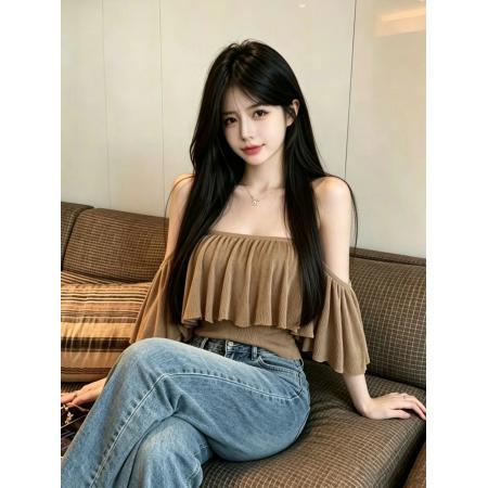 BY17975# 翩翩蝶舞荷叶边一字肩露肩短袖显瘦修身上衣 服裝批發女裝批發服飾貨源