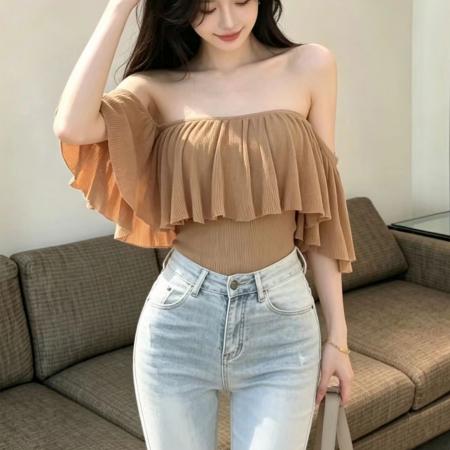 BY17975# 翩翩蝶舞荷叶边一字肩露肩短袖显瘦修身上衣 服裝批發女裝批發服飾貨源