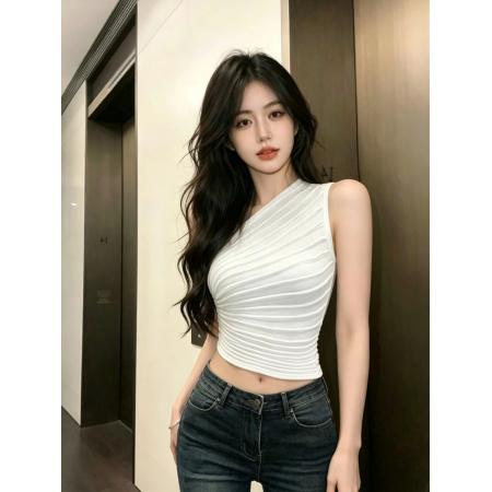 BY17977# 价纯欲修身斜肩肌理感褶皱拉链针织上衣 服裝批發女裝批發服飾貨源