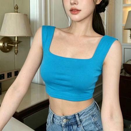 BY17979# 纯色吊带背心方领遮副乳显瘦上衣露腰短款背心 服裝批發女裝批發服飾貨源