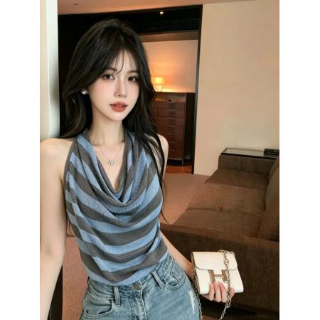 BY17980# 挂脖荡领针织背心女辣妹露背无袖修身显瘦气质上衣 服裝批發女裝批發服飾貨源