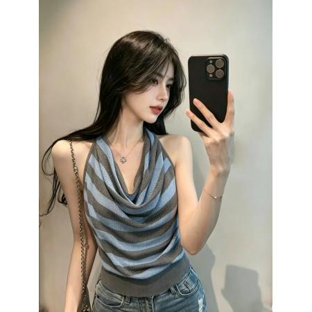 BY17980# 挂脖荡领针织背心女辣妹露背无袖修身显瘦气质上衣 服裝批發女裝批發服飾貨源