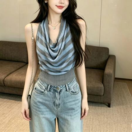 BY17980# 挂脖荡领针织背心女辣妹露背无袖修身显瘦气质上衣 服裝批發女裝批發服飾貨源