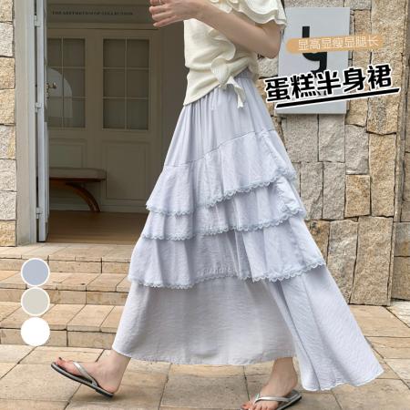 BY17982# 夏季新款显瘦百搭韩版纯色半身裙花边中长裙 服裝批發女裝批發服飾貨源