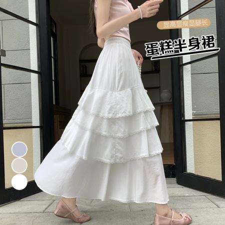 BY17982# 夏季新款显瘦百搭韩版纯色半身裙花边中长裙 服裝批發女裝批發服飾貨源