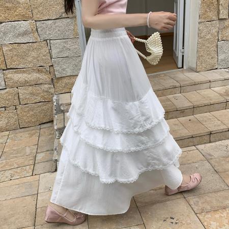 BY17982# 夏季新款显瘦百搭韩版纯色半身裙花边中长裙 服裝批發女裝批發服飾貨源