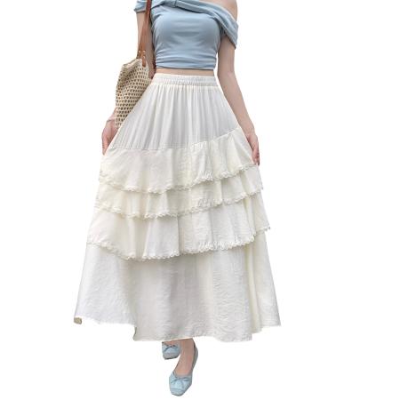 BY17982# 夏季新款显瘦百搭韩版纯色半身裙花边中长裙 服裝批發女裝批發服飾貨源