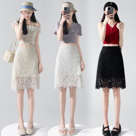 BY17984# 夏季新款显瘦百搭韩版睫毛蕾丝中裙女生洋气半身裙 服裝批發女裝批發服飾貨源