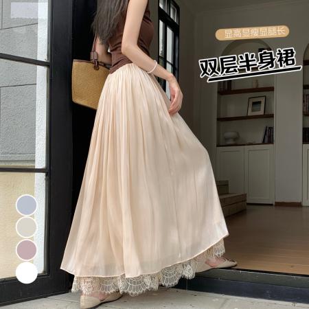 BY17985# 夏季新款显瘦百搭韩版流光纱双层半身裙中长裙 服裝批發女裝批發服飾貨源