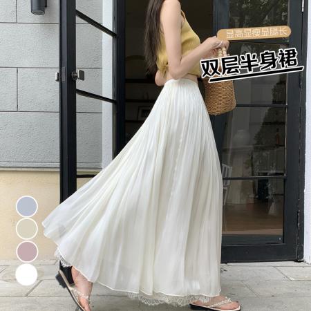 BY17985# 夏季新款显瘦百搭韩版流光纱双层半身裙中长裙 服裝批發女裝批發服飾貨源