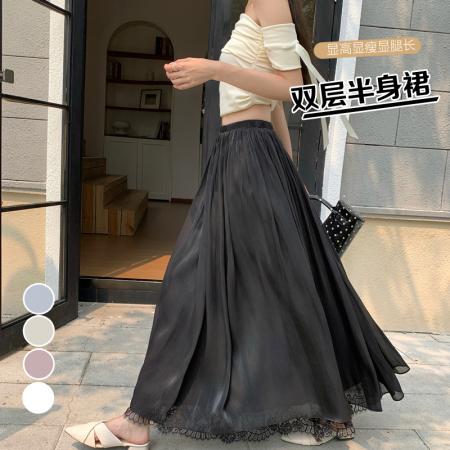 BY17985# 夏季新款显瘦百搭韩版流光纱双层半身裙中长裙 服裝批發女裝批發服飾貨源