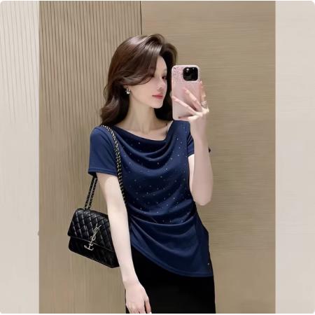 BY17987# 御姐风荡领洋气钉珠褶皱短袖T恤女夏季新款不规则辣妹上衣潮 服裝批發女裝批發服飾貨源