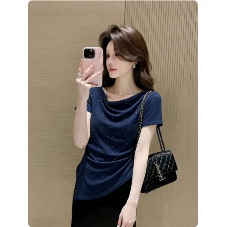 BY17987# 御姐风荡领洋气钉珠褶皱短袖T恤女夏季新款不规则辣妹上衣潮 服裝批發女裝批發服飾貨源