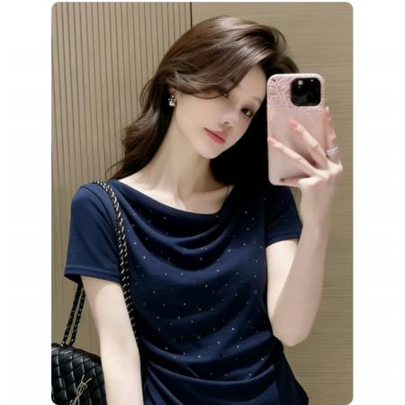 BY17987# 御姐风荡领洋气钉珠褶皱短袖T恤女夏季新款不规则辣妹上衣潮 服裝批發女裝批發服飾貨源