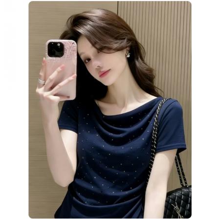 BY17987# 御姐风荡领洋气钉珠褶皱短袖T恤女夏季新款不规则辣妹上衣潮 服裝批發女裝批發服飾貨源