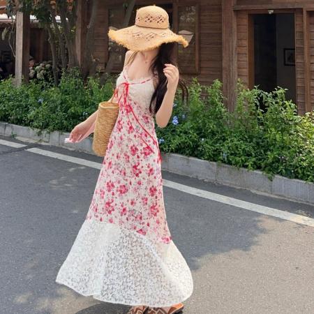 BY17991# 中古蔷薇长款蕾丝系带碎花收腰a字连衣裙女夏季法式裙 服裝批發女裝批發服飾貨源