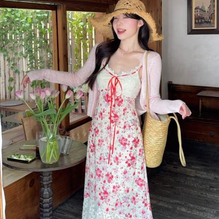 BY17991# 中古蔷薇长款蕾丝系带碎花收腰a字连衣裙女夏季法式裙 服裝批發女裝批發服飾貨源