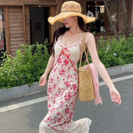 BY17991# 中古蔷薇长款蕾丝系带碎花收腰a字连衣裙女夏季法式裙 服裝批發女裝批發服飾貨源