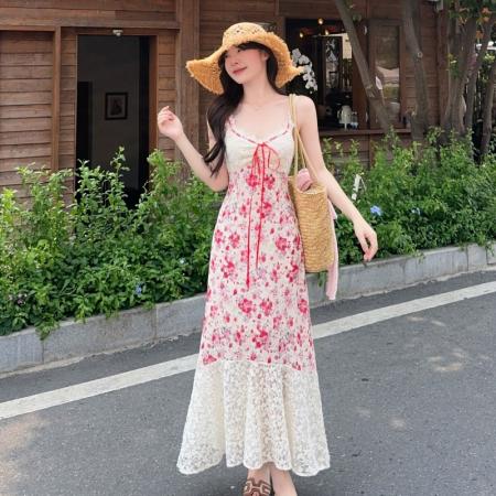 BY17991# 中古蔷薇长款蕾丝系带碎花收腰a字连衣裙女夏季法式裙 服裝批發女裝批發服飾貨源