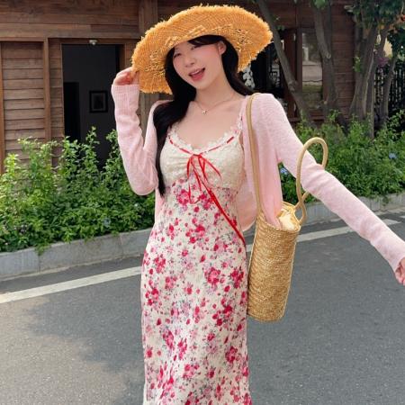 BY17991# 中古蔷薇长款蕾丝系带碎花收腰a字连衣裙女夏季法式裙 服裝批發女裝批發服飾貨源