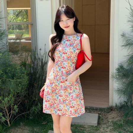BY17993# 撞色小碎花背心连衣裙女春夏纯棉圆领修身收腰无袖短裙 服裝批發女裝批發服飾貨源