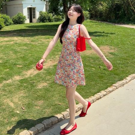 BY17993# 撞色小碎花背心连衣裙女春夏纯棉圆领修身收腰无袖短裙 服裝批發女裝批發服飾貨源