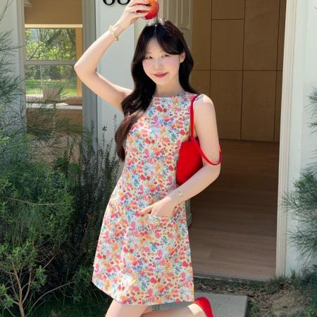 BY17993# 撞色小碎花背心连衣裙女春夏纯棉圆领修身收腰无袖短裙 服裝批發女裝批發服飾貨源