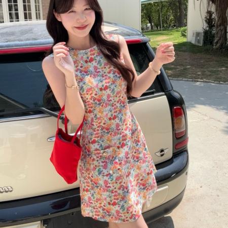 BY17993# 撞色小碎花背心连衣裙女春夏纯棉圆领修身收腰无袖短裙 服裝批發女裝批發服飾貨源