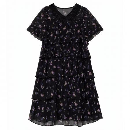 BY17996# 大码洋气减龄荷叶边连衣裙女夏新款宽松显瘦钉珠娃娃领蛋糕裙 服裝批發女裝批發服飾貨源