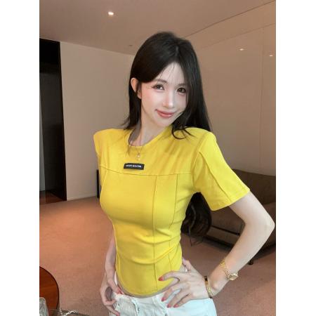 BY17997# 夏季新款设计感鱼骨线修身短袖圆领T恤显瘦百搭上衣 服裝批發女裝批發服飾貨源