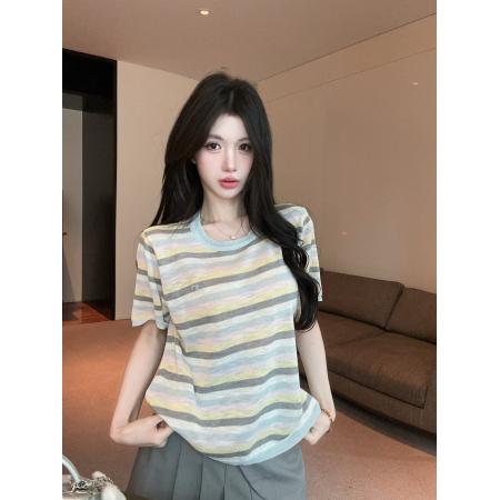 BY17998# 洋气薄款圆领柔软撞色条纹针织短袖T恤时尚短裙两件套装 服裝批發女裝批發服飾貨源