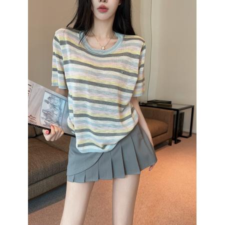 BY17998# 洋气薄款圆领柔软撞色条纹针织短袖T恤时尚短裙两件套装 服裝批發女裝批發服飾貨源