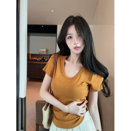 BY18001# 竹节棉时尚圆领短袖T恤女纯色修身显瘦休闲上衣 服裝批發女裝批發服飾貨源