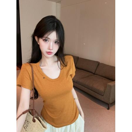 BY18001# 竹节棉时尚圆领短袖T恤女纯色修身显瘦休闲上衣 服裝批發女裝批發服飾貨源