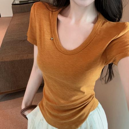 BY18001# 竹节棉时尚圆领短袖T恤女纯色修身显瘦休闲上衣 服裝批發女裝批發服飾貨源