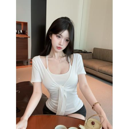 BY18002# 设计感绑带短袖开衫加弹力胸垫吊带背心两件套装女 服裝批發女裝批發服飾貨源