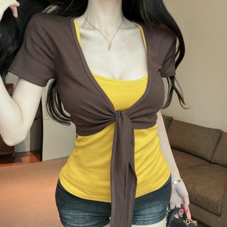 BY18002# 设计感绑带短袖开衫加弹力胸垫吊带背心两件套装女 服裝批發女裝批發服飾貨源