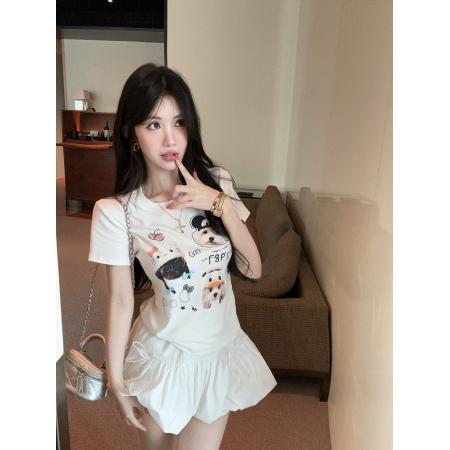 BY18004# 卡通小狗印花喷画短袖T恤女修身显瘦上衣短裙子两件套装 服裝批發女裝批發服飾貨源